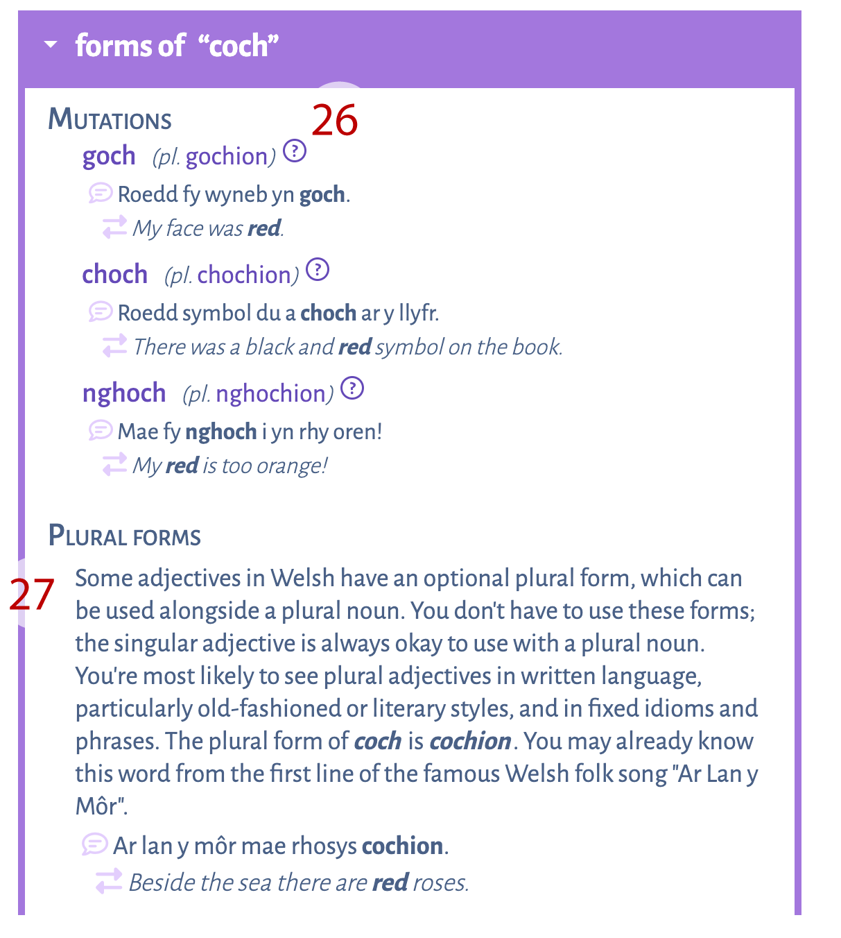 A numbered image of an extra information box for the
          headword 'coch' labelled
          'forms of coch'. The numbered items are: 26 - a section detailing mutations of the headword; 27
          - an informational paragraph explaining the use of the plural form of the headword.