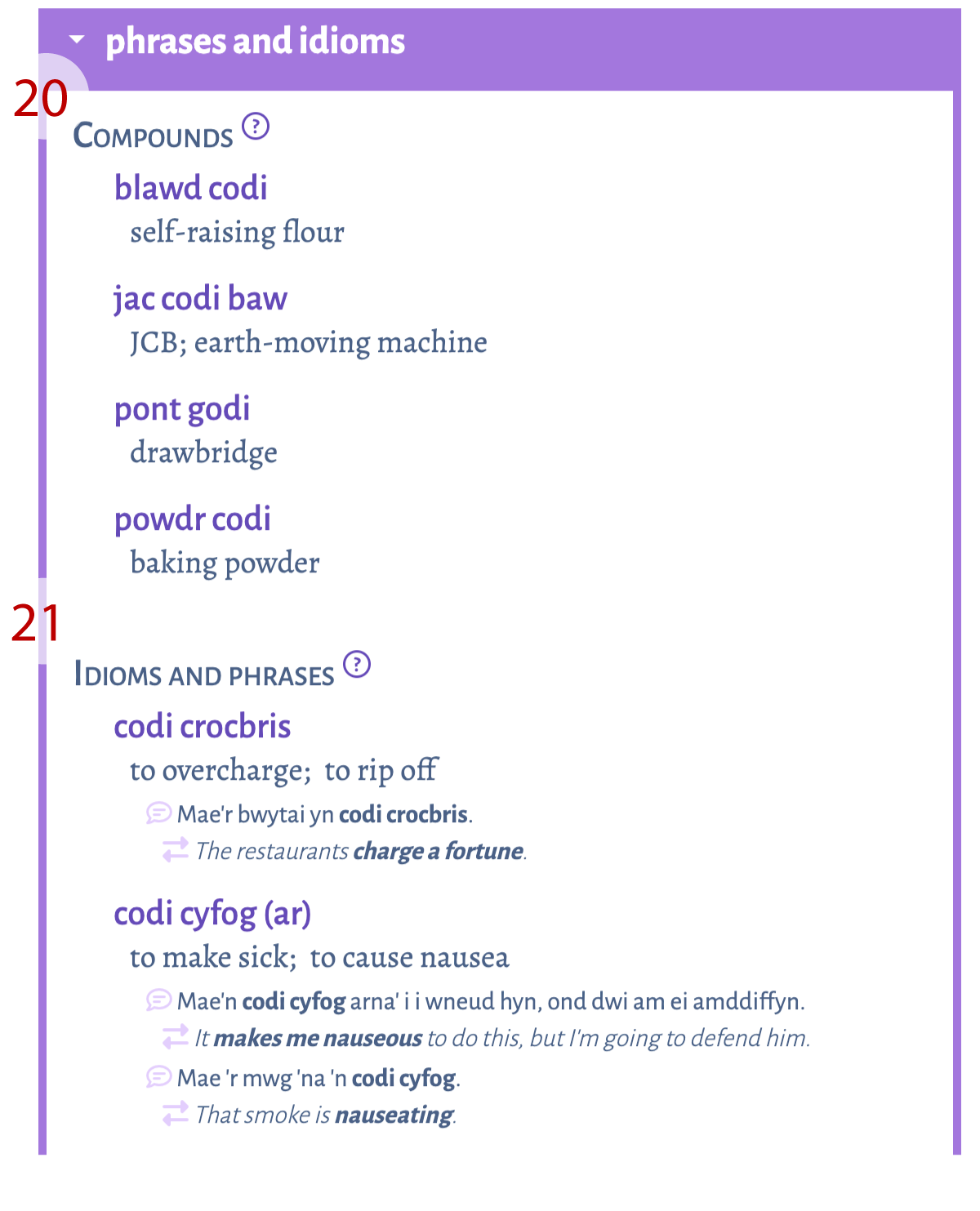 A numbered image of an extra information box labelled
    'phrases and idioms'. The numbered items are: 20 - the heading 'compounds'; 21 - the heading
    'idioms and phrases'.