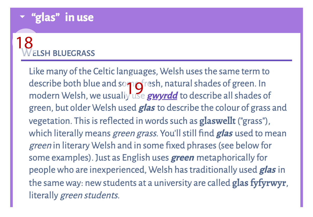 A numbered image of an extra information box for headword
          'glas', labelled 'glas in use'. The numbered items are: 18 - the heading for the usage
          information; 19 - a hyperlinked word within the usage information text.